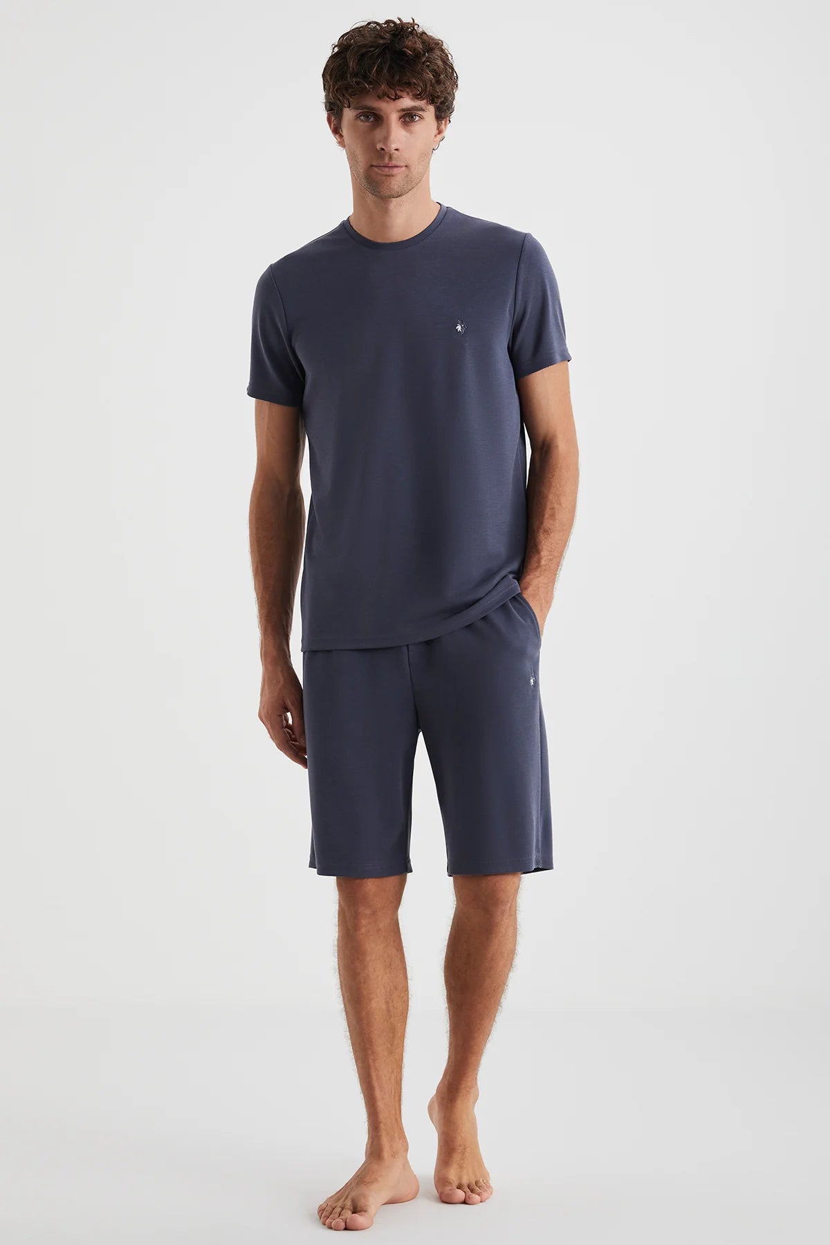 Erkek İndigo Şortlu Cepli Pijama Takımı