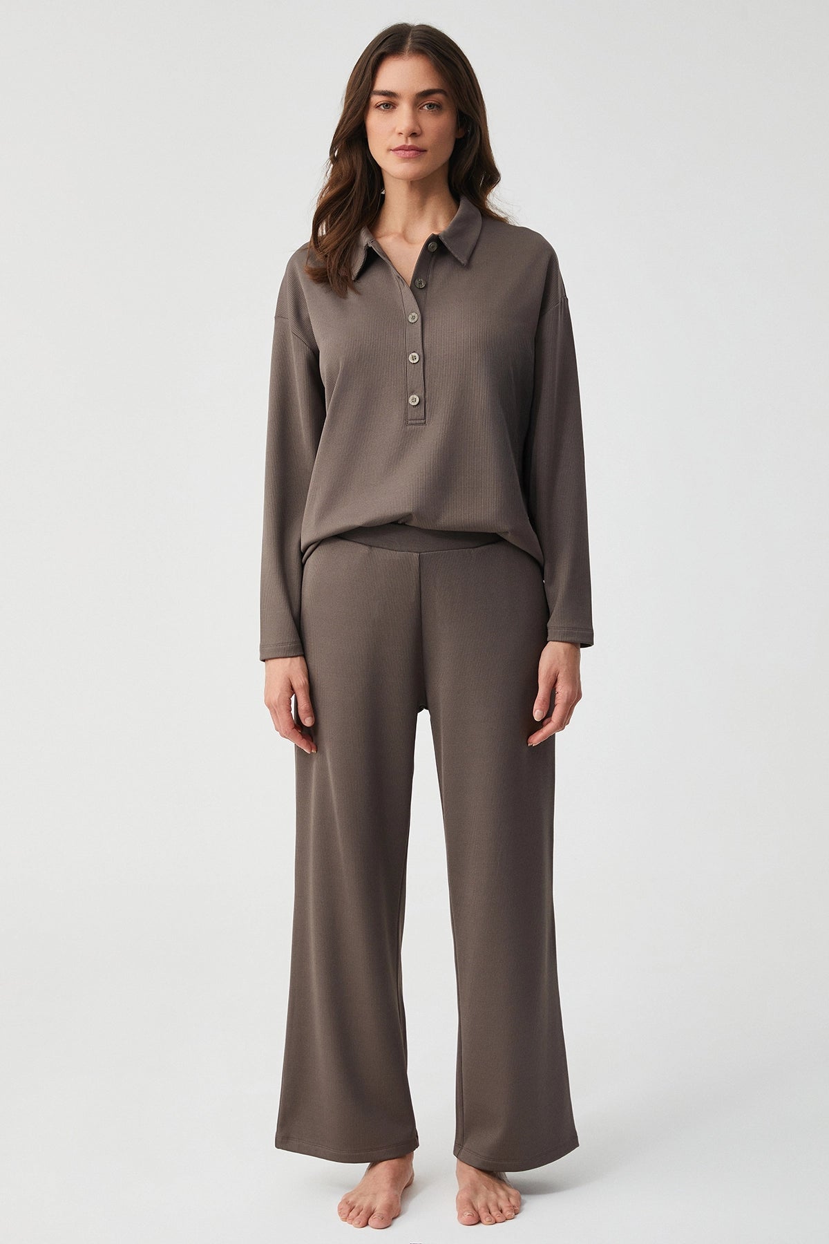 Kahverengi Pola Yaka Pijama Set