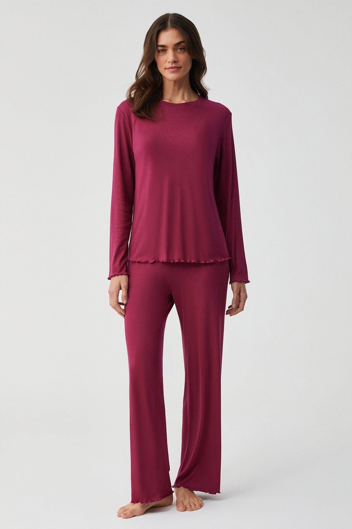 Yumuşak Dokulu Vişne Uzun Kollu Pijama Takımı