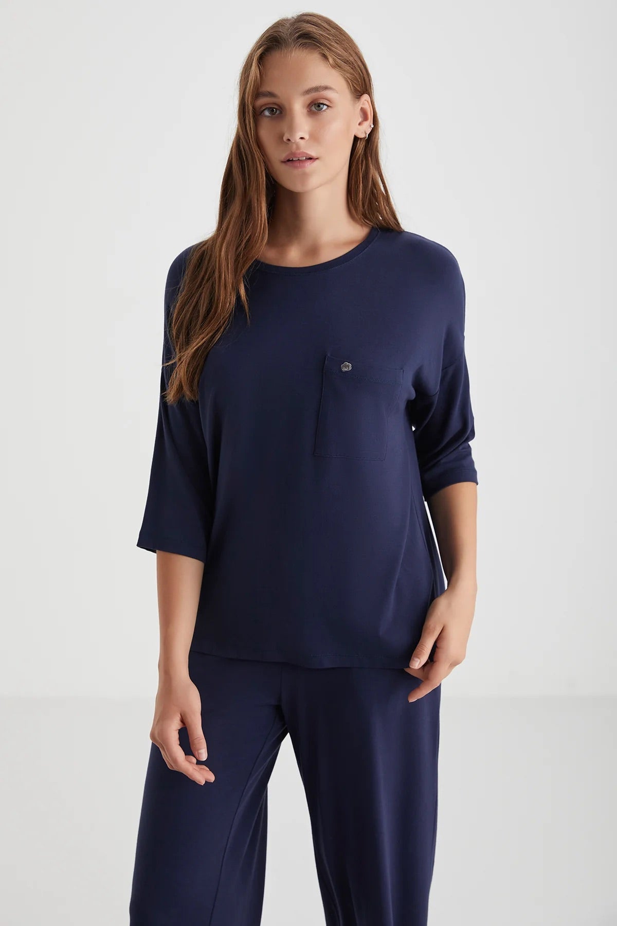 Kadın Lacivert Cepli Kapri Pijama Takımı