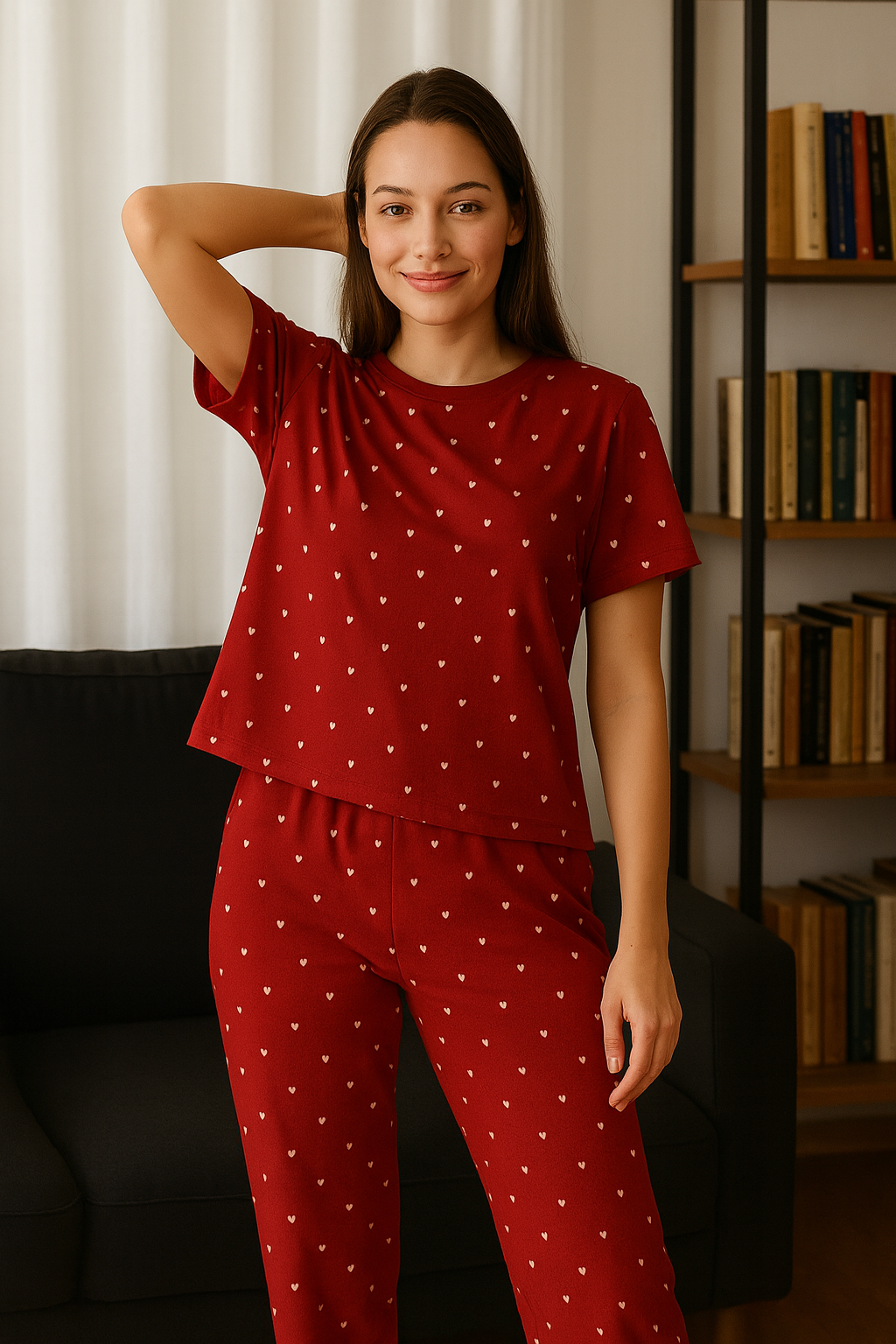 Kadın Desenli Kırmızı Kısa Kollu Pijama Takımı