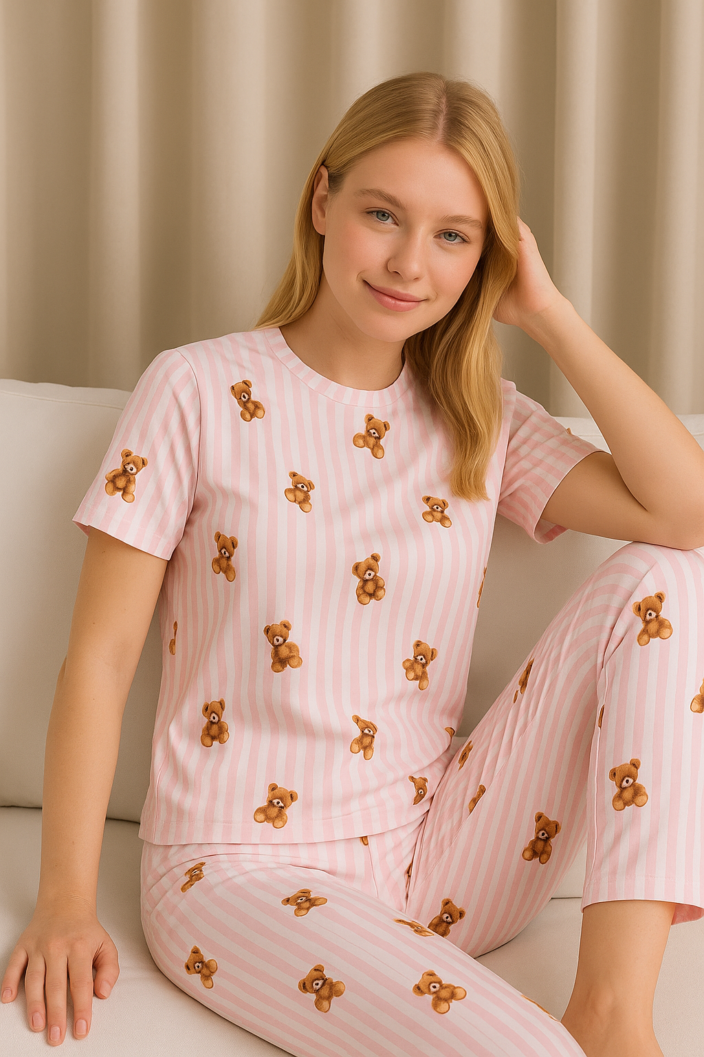 Kadın Ayıcık Desenli Kısa Kollu Pijama Takımı
