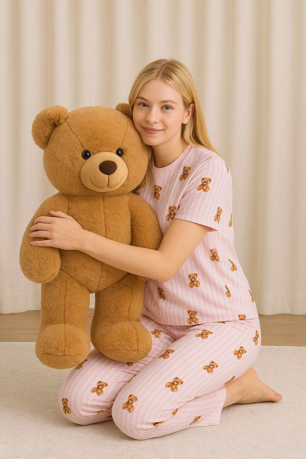 Kadın Ayıcık Desenli Kısa Kollu Pijama Takımı