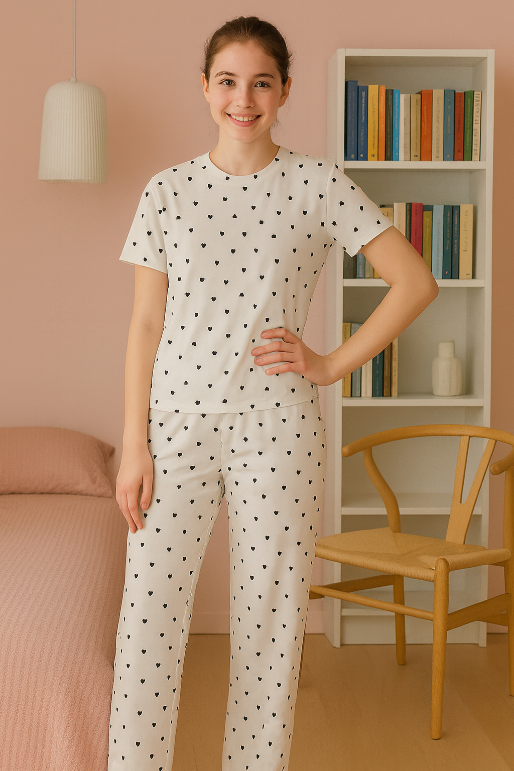 Kadın Desenli Beyaz Kısa Kollu Pijama Takımı