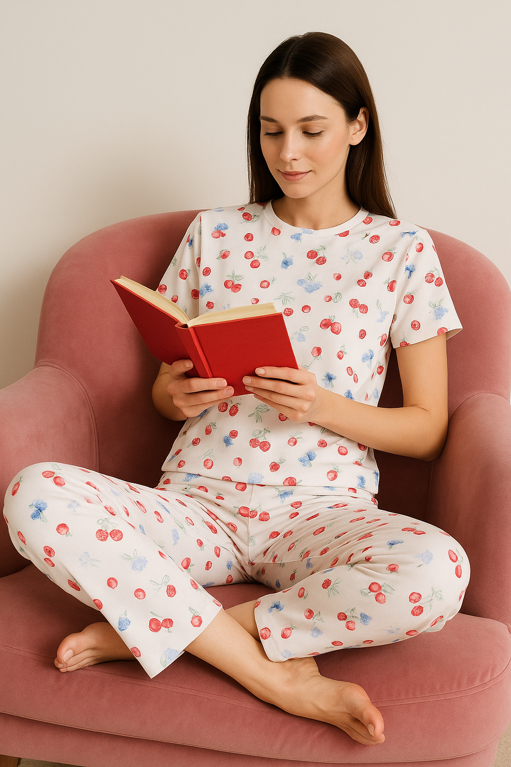 Kadın Meyve Desenli Kısa Kollu Pijama Takımı