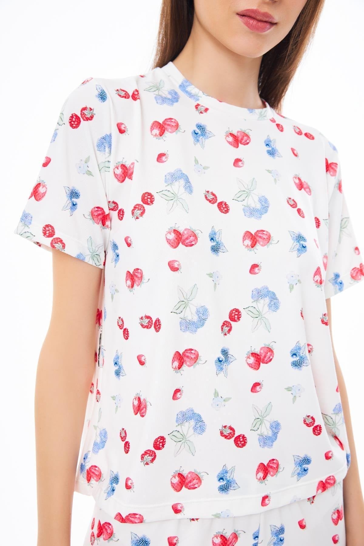 Kadın Meyve Desenli Kısa Kollu Pijama Takımı