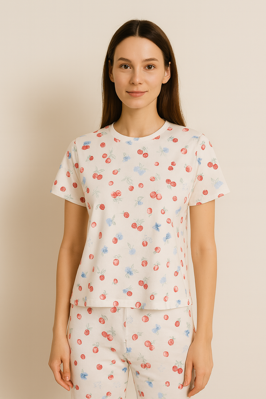 Kadın Meyve Desenli Kısa Kollu Pijama Takımı