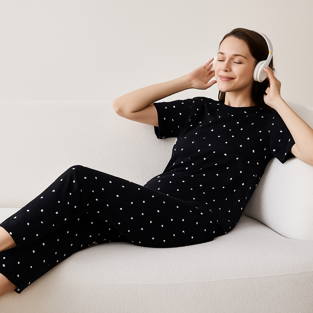 Kadın Desenli Siyah Kısa Kollu Pijama Takımı