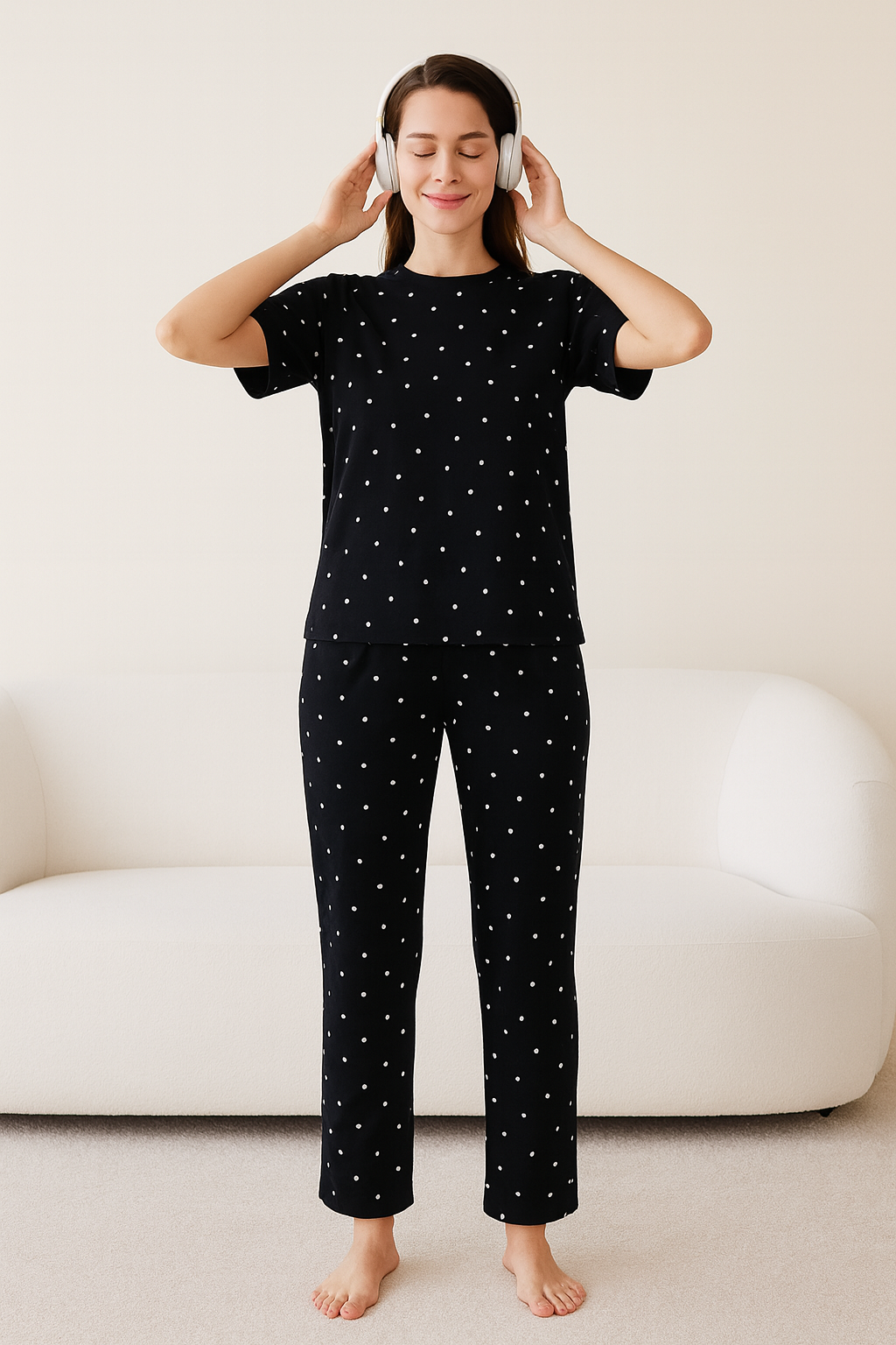 Kadın Desenli Siyah Kısa Kollu Pijama Takımı