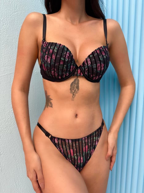 Mellie Simli Çiçek Desenli Destekli Siyah Sütyen Takımı