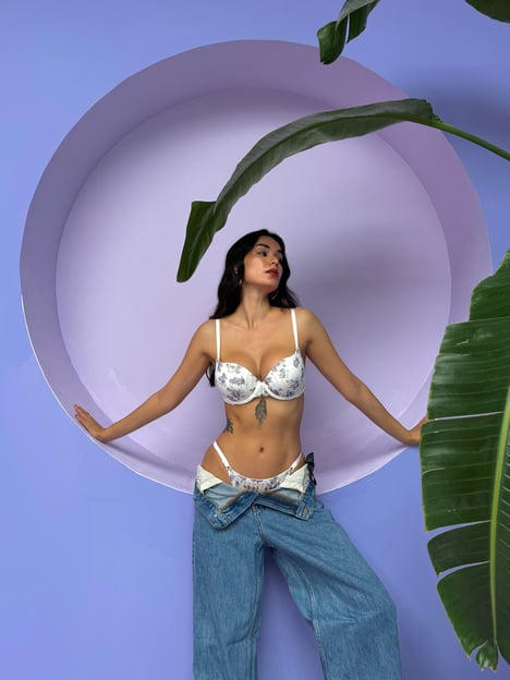 Mellie Simli Çiçek Desenli Destekli Ekru Sütyen Takımı