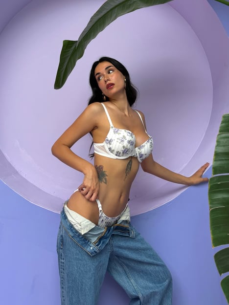 Mellie Simli Çiçek Desenli Destekli Ekru Sütyen Takımı